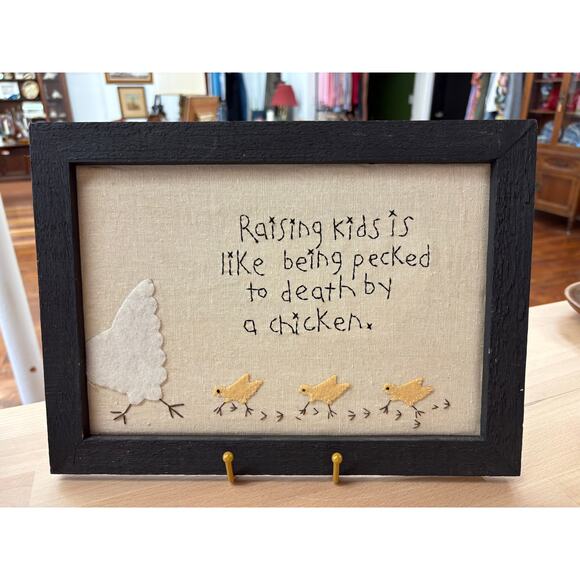 “Raising Kids” Chicken Embroidery – Framed Folk Art Quote with Felt Appliqué - Picture 3 of 6
